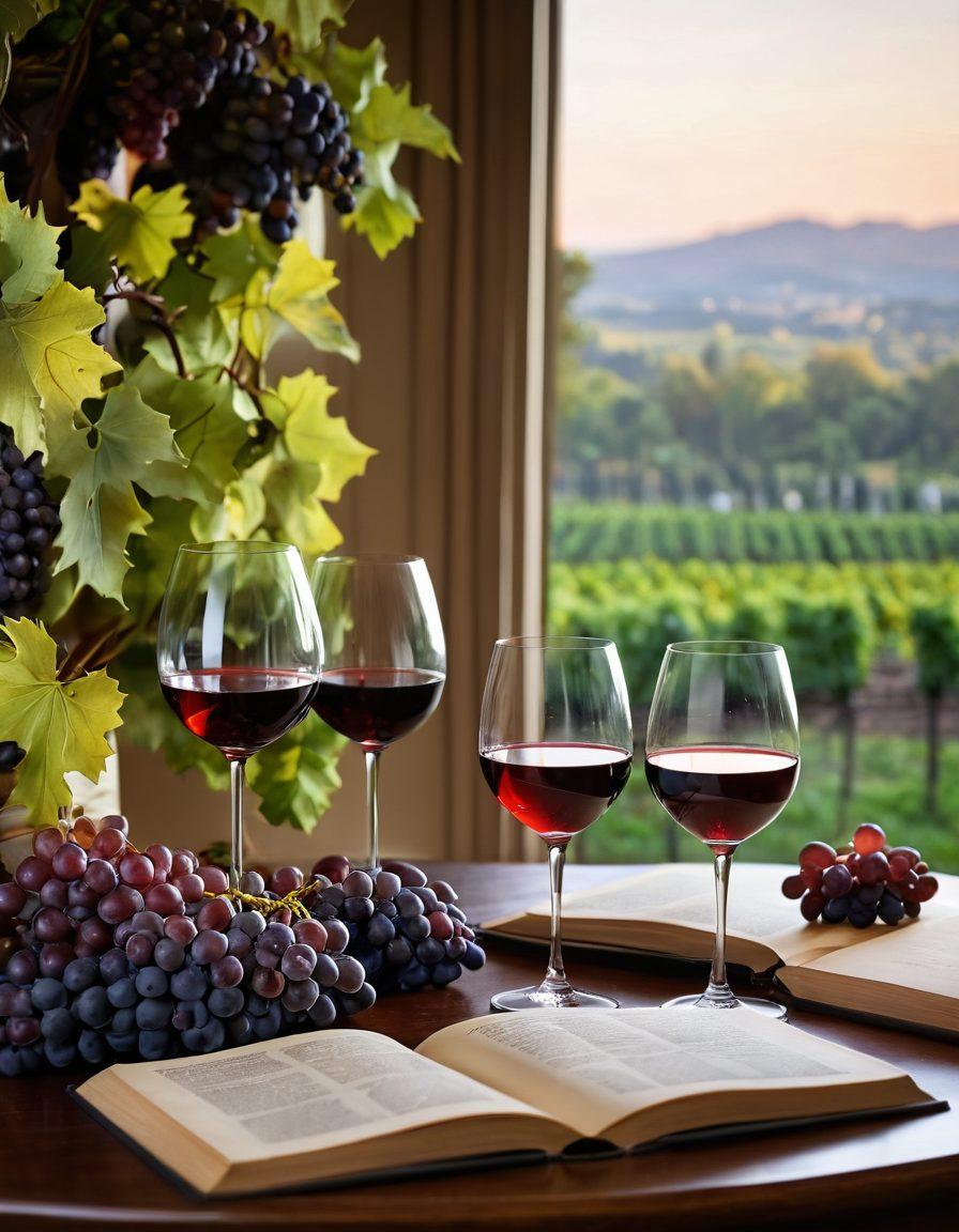 A sophisticated setting featuring a beautifully arranged table with glasses of Pinot wine, lush grapevines in the background, and open financial books scattered around, symbolizing the blend of wine culture and financial literacy. Soft, warm lighting enhances the inviting atmosphere, encouraging a sense of learning and enjoyment. super-realistic. rich colors. elegant ambiance.