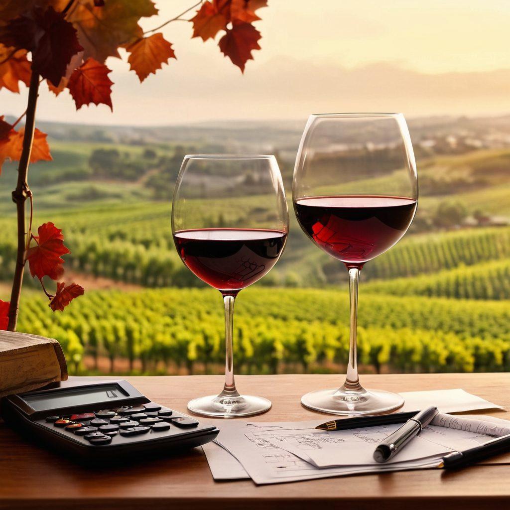 A sophisticated table setting featuring an elegant wine glass filled with rich red wine, surrounded by notes and a calculator symbolizing financial wellness. Soft natural lighting enhances the scene, with a backdrop of grapevines and a blurred vineyard landscape. The ambiance conveys relaxation and success, merging the worlds of wine tasting and finance. super-realistic. warm colors. inviting atmosphere.